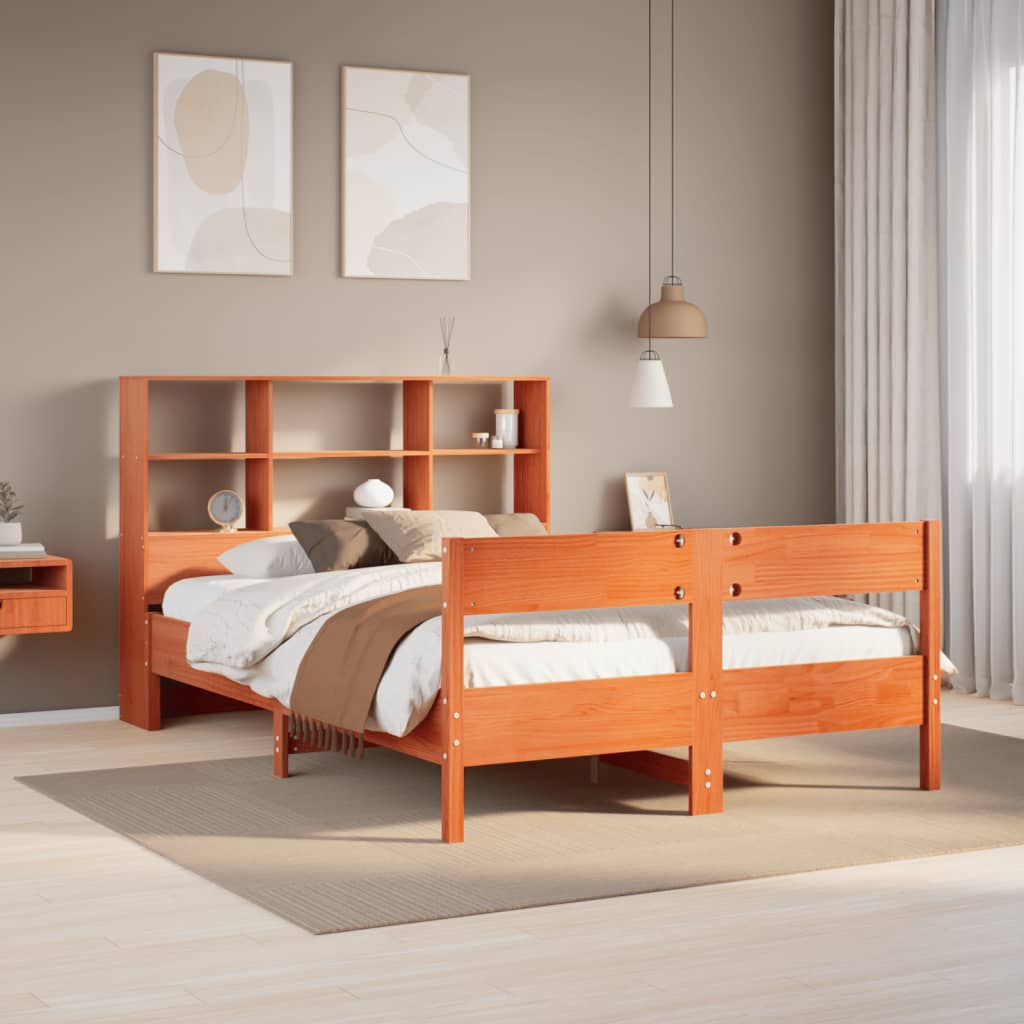 Bed met boekenkast zonder matras grenenhout wasbruin 120x200 cm – afbeelding 1