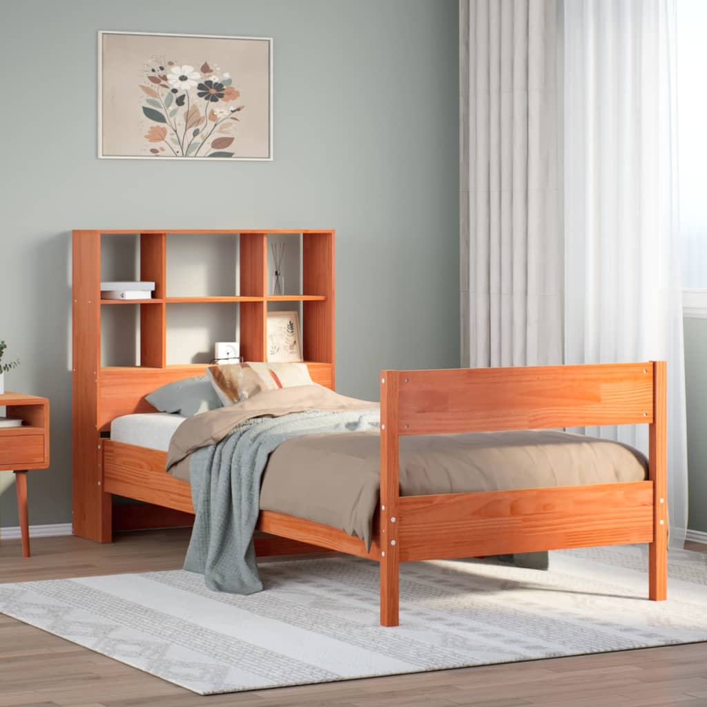 Bed met boekenkast zonder matras grenenhout wasbruin 75x190 cm – afbeelding 1