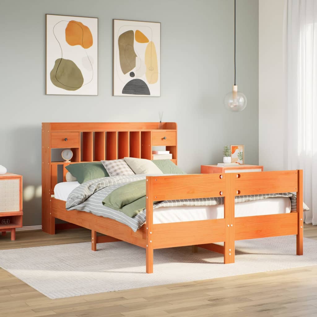 Bed met boekenkast zonder matras grenenhout wasbruin 160x200 cm – afbeelding 1