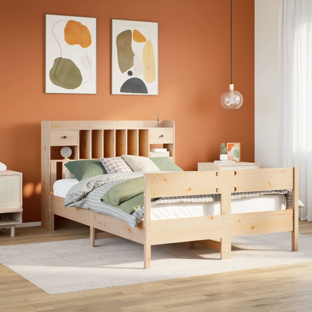 Bed met boekenkast zonder matras massief grenenhout 135x190 cm – afbeelding 1