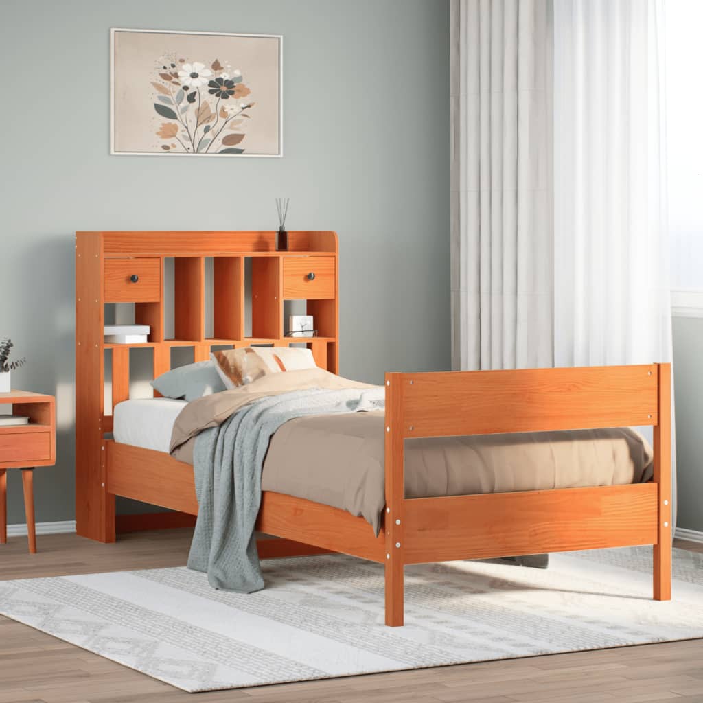 Bed met boekenkast zonder matras grenenhout wasbruin 75x190 cm – afbeelding 1