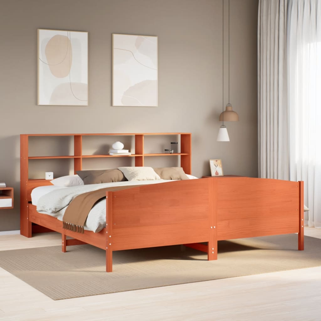Bed met boekenkast zonder matras grenenhout wasbruin 180x200 cm – afbeelding 1