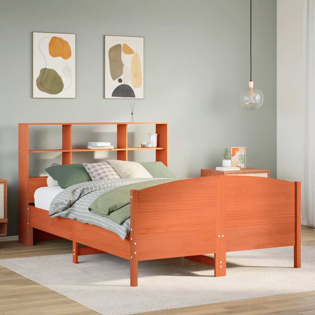 Bed met boekenkast zonder matras grenenhout wasbruin 140x200 cm – afbeelding 1