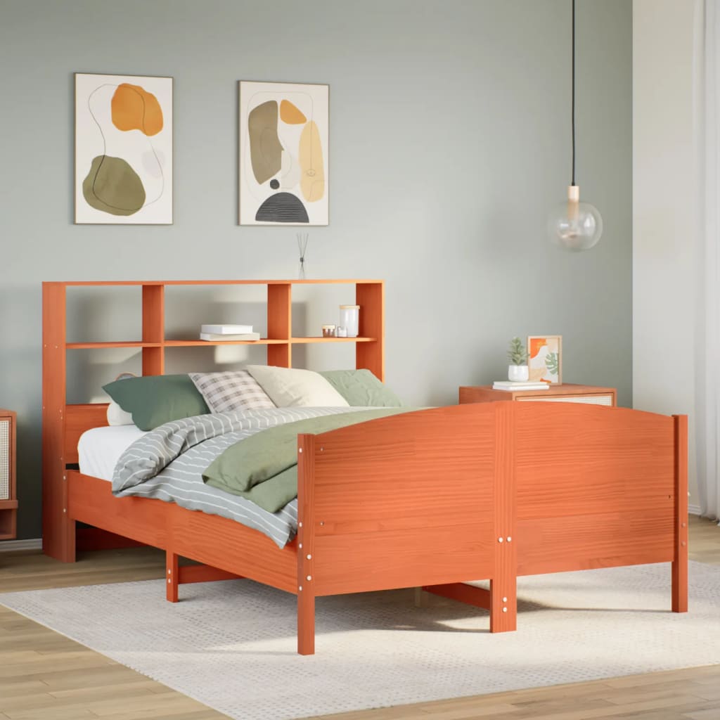 Bed met boekenkast zonder matras grenenhout wasbruin 120x190 cm – afbeelding 1