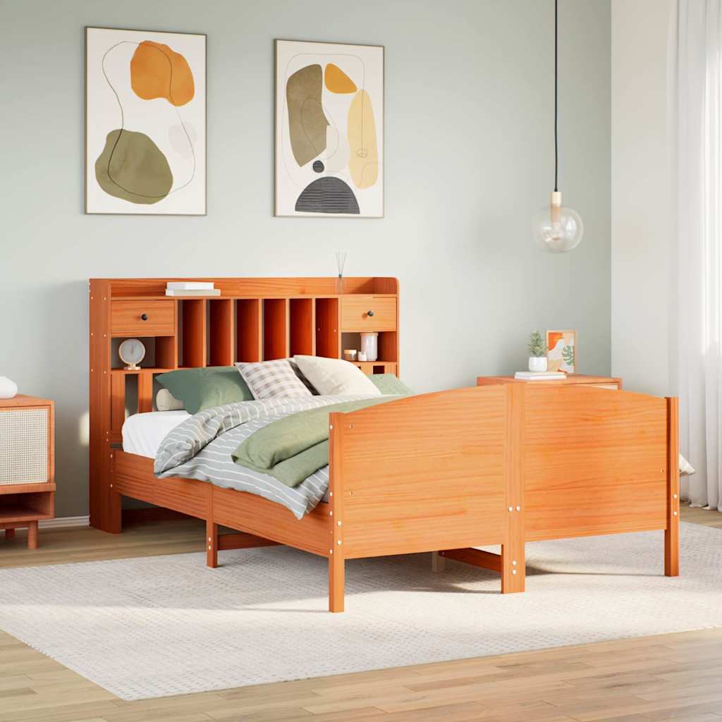 Bed met boekenkast zonder matras grenenhout wasbruin 160x200 cm – afbeelding 1