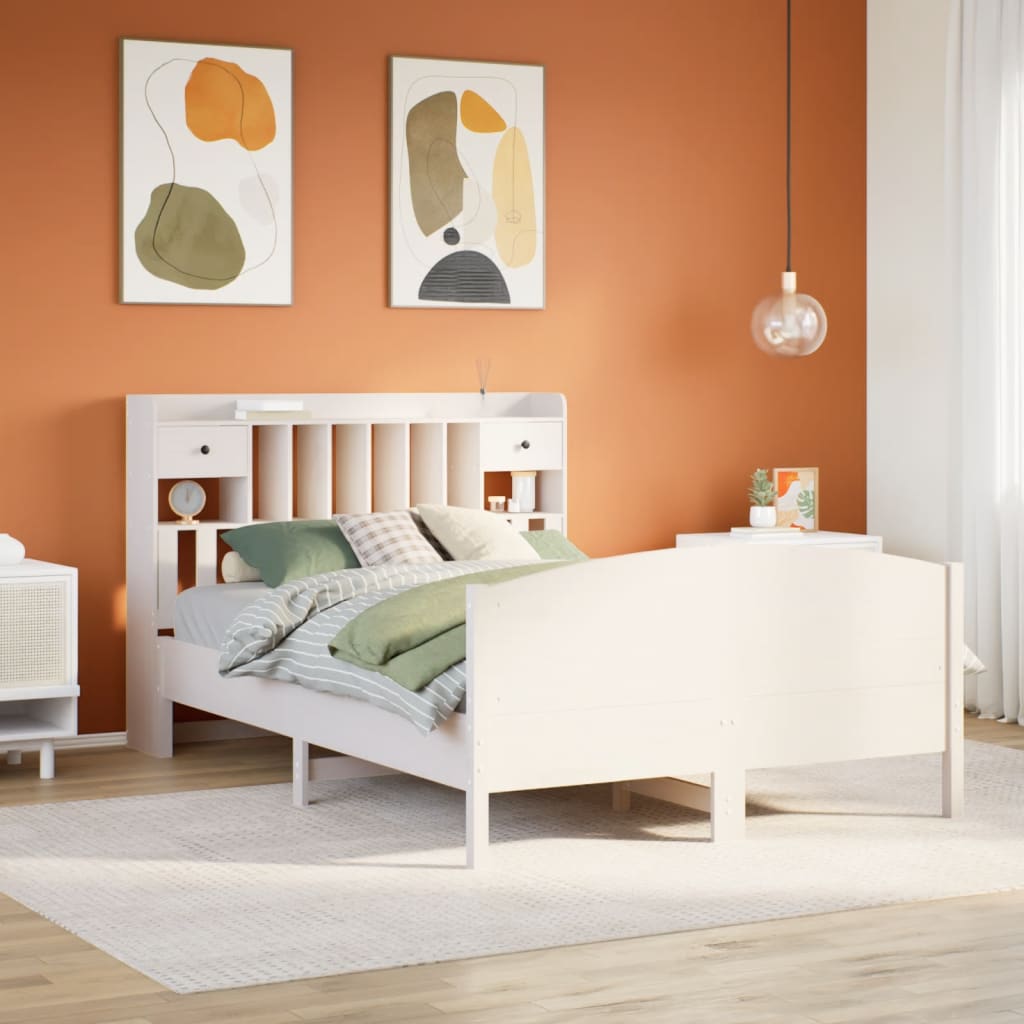 Bed met boekenkast zonder matras grenenhout wit 150x200 cm – afbeelding 1