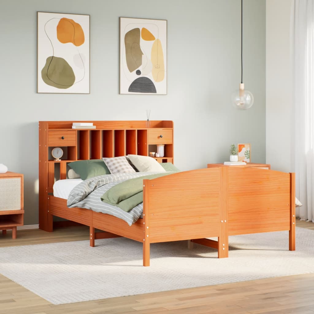 Bed met boekenkast zonder matras grenenhout wasbruin 150x200 cm – afbeelding 1