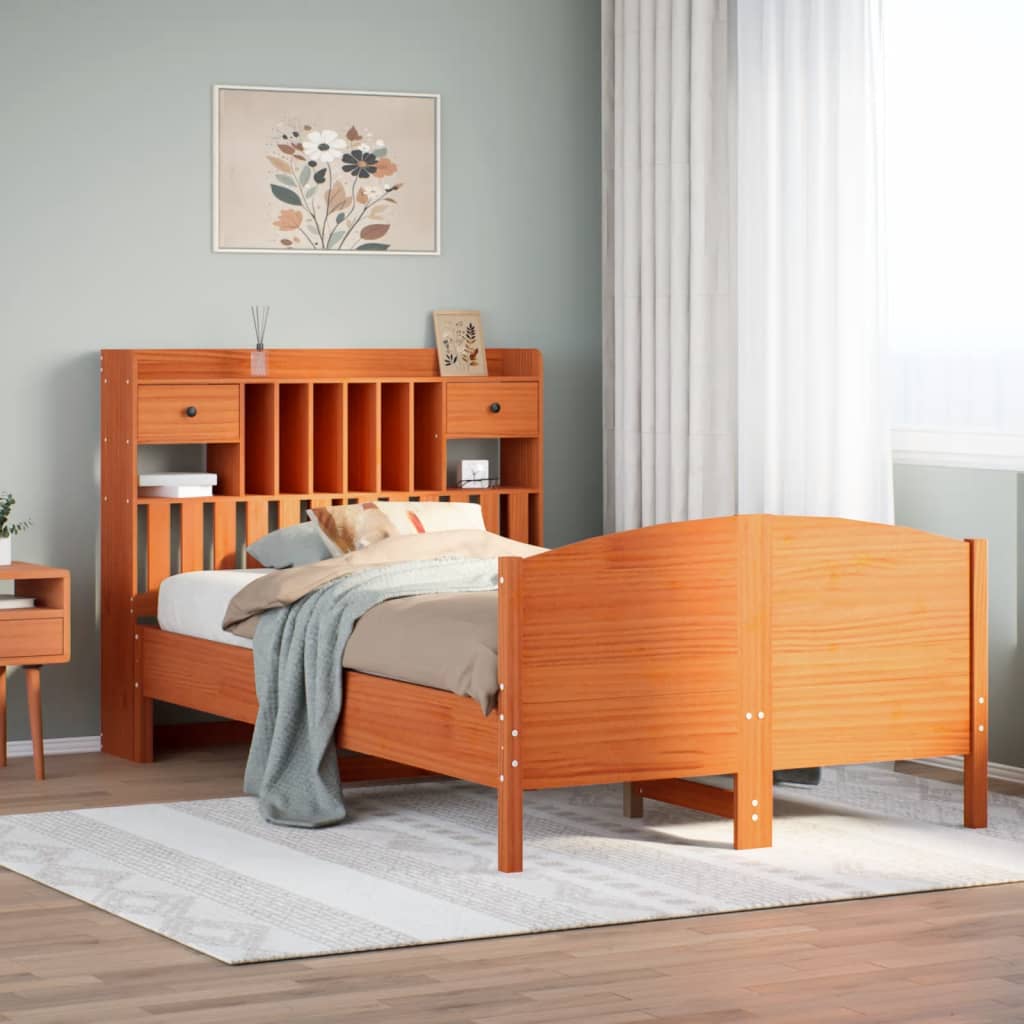 Bed met boekenkast zonder matras grenenhout wasbruin 135x190 cm – afbeelding 1