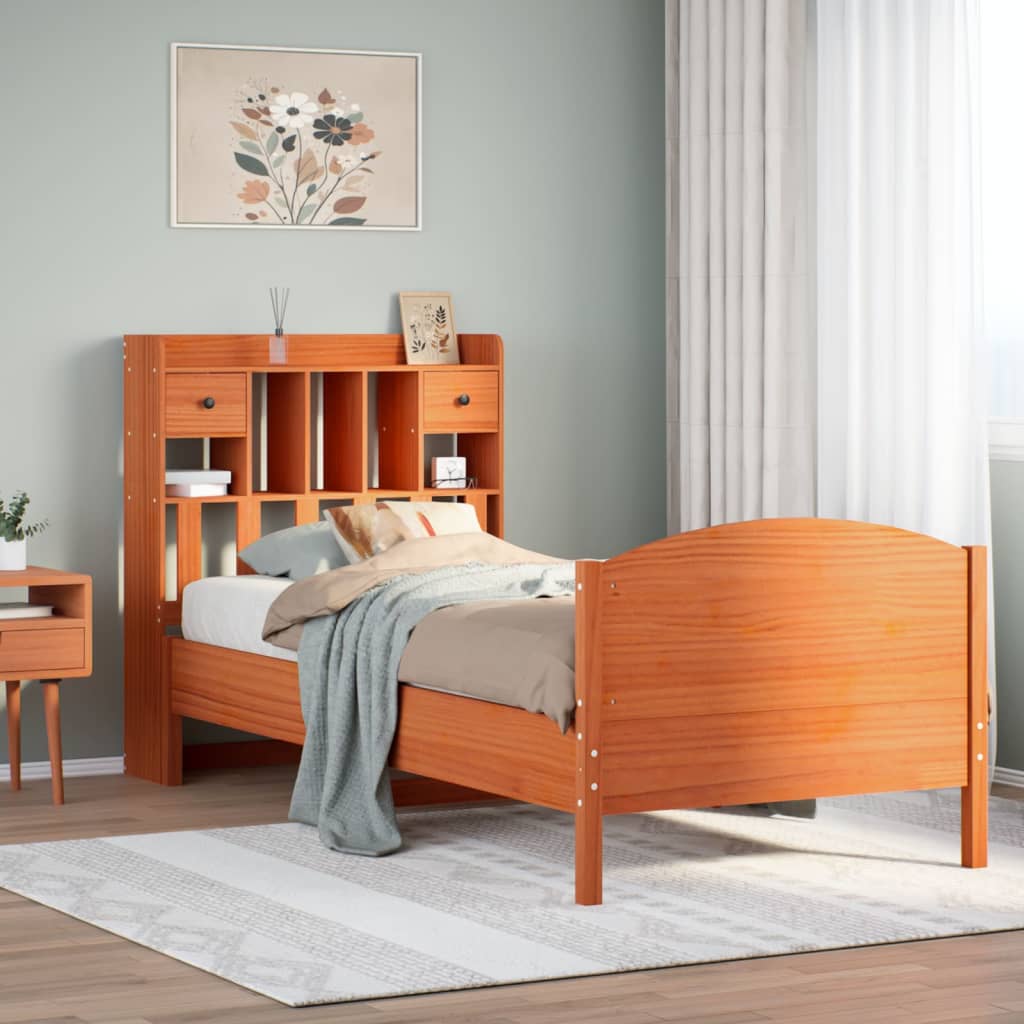 Bed met boekenkast zonder matras grenenhout wasbruin 100x200 cm – afbeelding 1