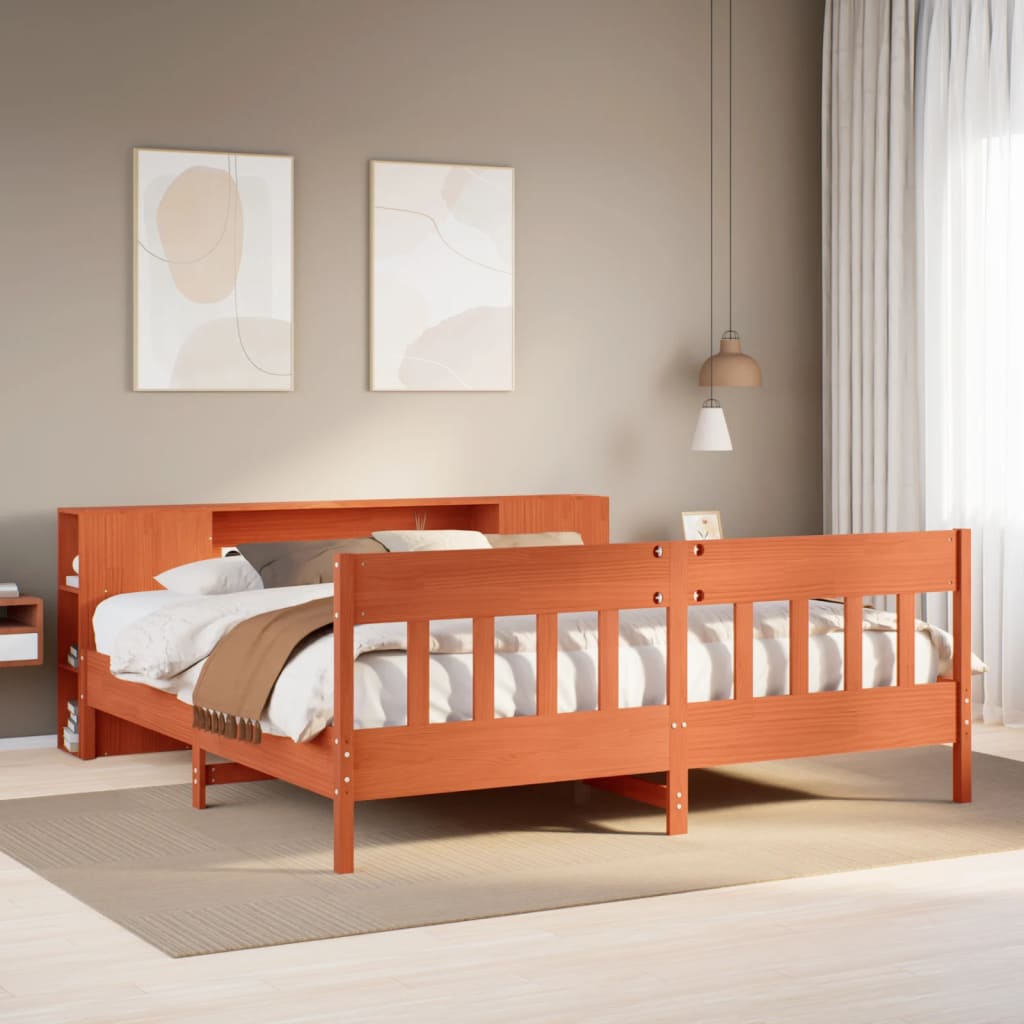 Bed met boekenkast zonder matras grenenhout wasbruin 200x200 cm – afbeelding 1