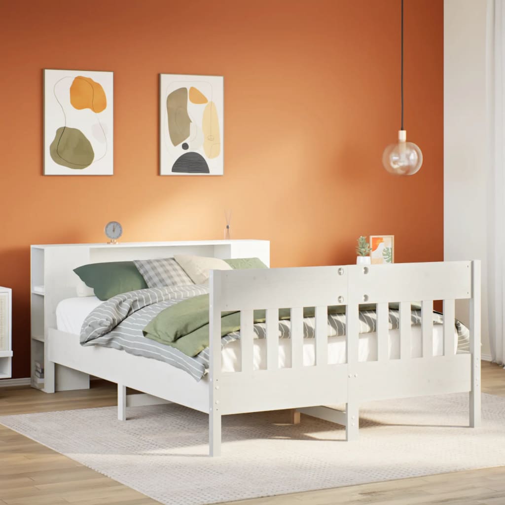 Bed met boekenkast zonder matras grenenhout wit 150x200 cm – afbeelding 1