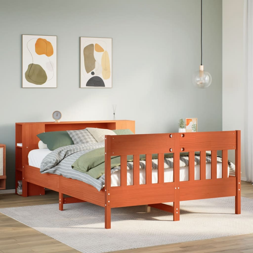 Bed met boekenkast zonder matras grenenhout wasbruin 135x190 cm – afbeelding 1