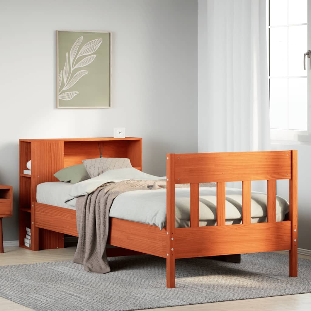 Bed met boekenkast zonder matras grenenhout wasbruin 100x200 cm – afbeelding 1
