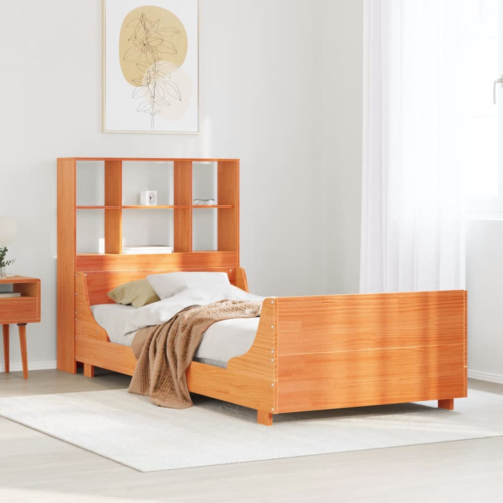 Bed met boekenkast zonder matras massief hout wasbruin 75x190cm – afbeelding 1