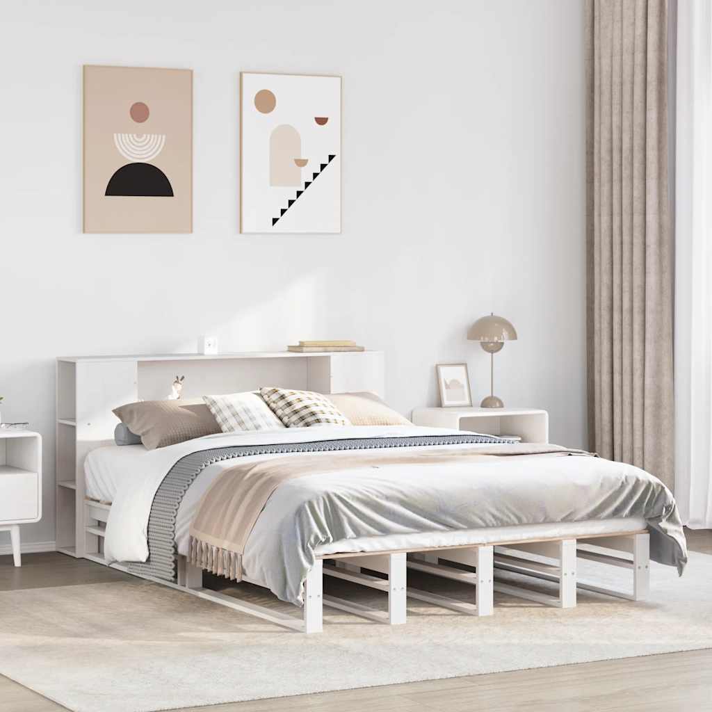 Bed met boekenkast zonder matras massief hout wit 160x200 cm – afbeelding 1