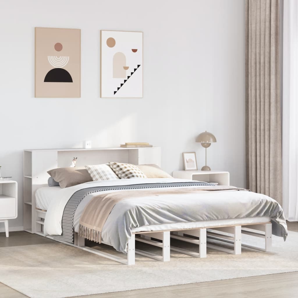 Bed met boekenkast zonder matras massief hout wit 135x190 cm – afbeelding 1