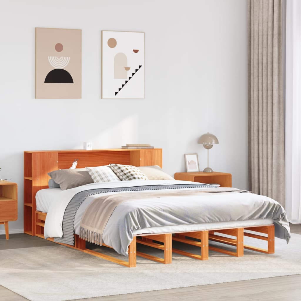 Bed met boekenkast zonder matras hout wasbruin 135x190 cm – afbeelding 1