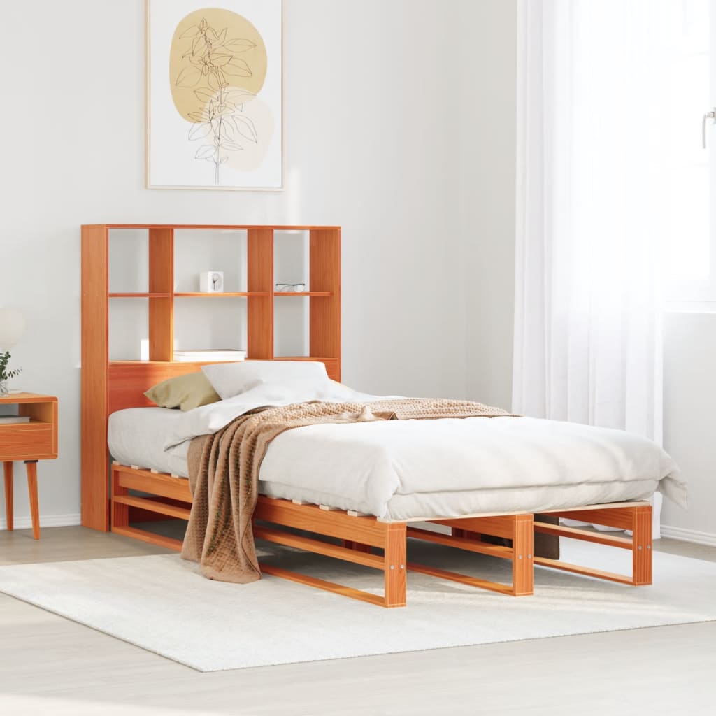 Bed met boekenkast zonder matras massief hout wasbruin 75x190cm – afbeelding 1
