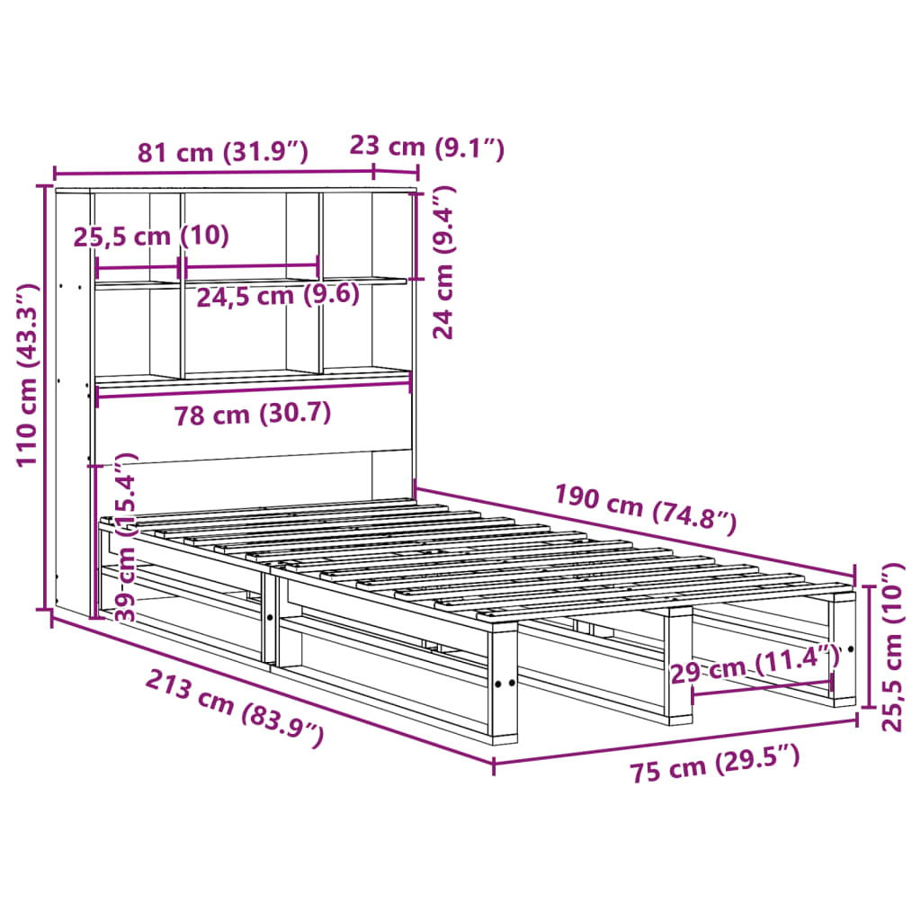 Bed met boekenkast zonder matras massief hout wasbruin 75x190cm – afbeelding 12