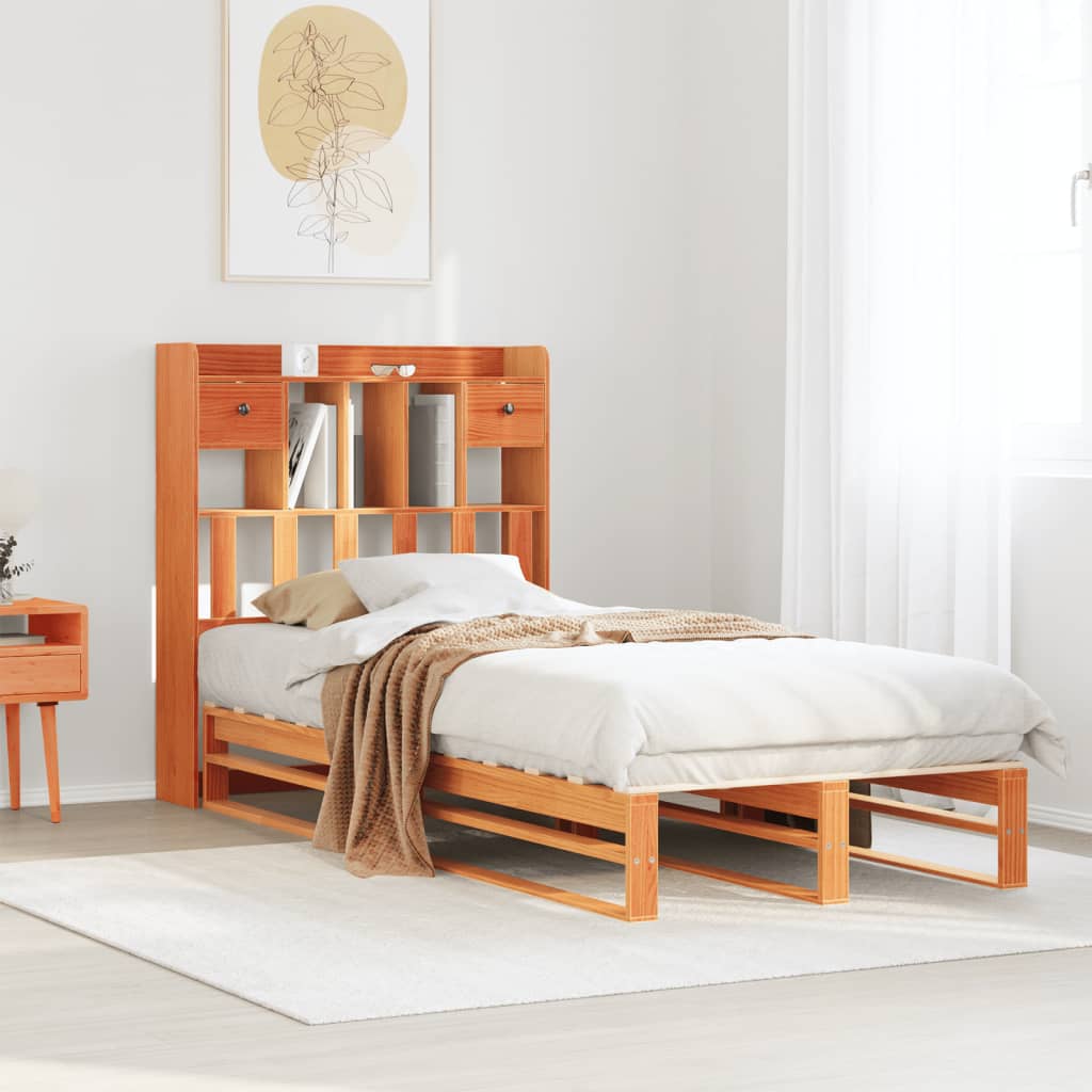 Bed met boekenkast zonder matras grenenhout wasbruin 100x200 cm – afbeelding 1
