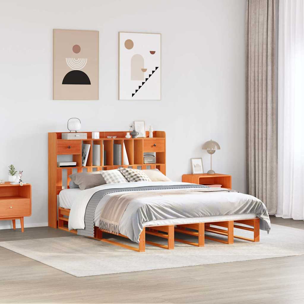 Bed met boekenkast zonder matras grenenhout wasbruin 150x200 cm – afbeelding 1