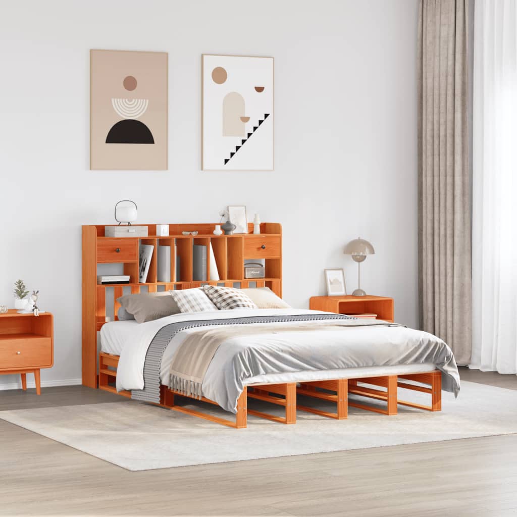 Bed met boekenkast zonder matras grenenhout wasbruin 160x200 cm – afbeelding 1