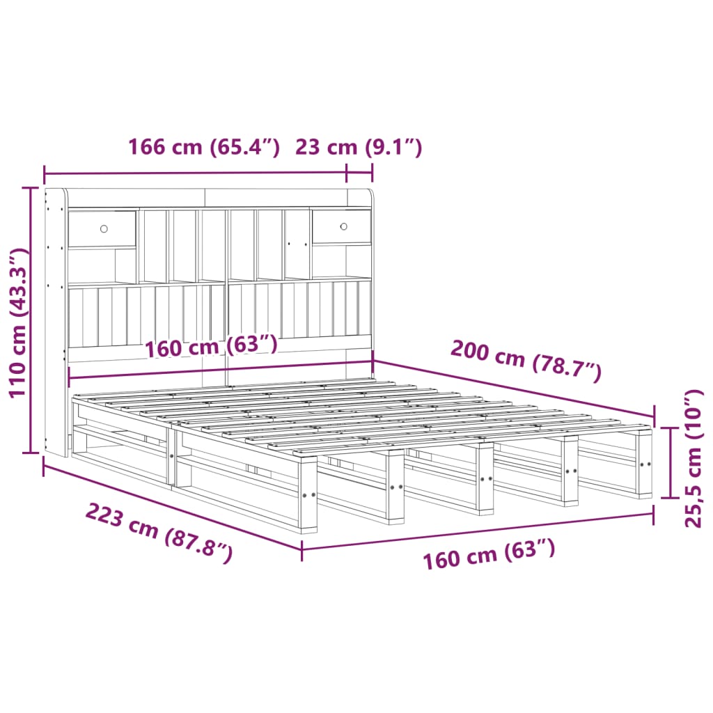 Bed met boekenkast zonder matras grenenhout wasbruin 160x200 cm – afbeelding 12