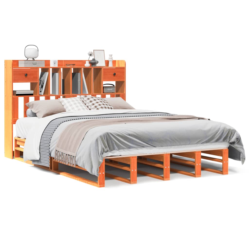 Bed met boekenkast zonder matras grenenhout wasbruin 160x200 cm – afbeelding 2