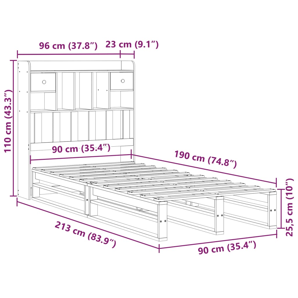 Bed met boekenkast zonder matras massief grenenhout 90x190 cm – afbeelding 12