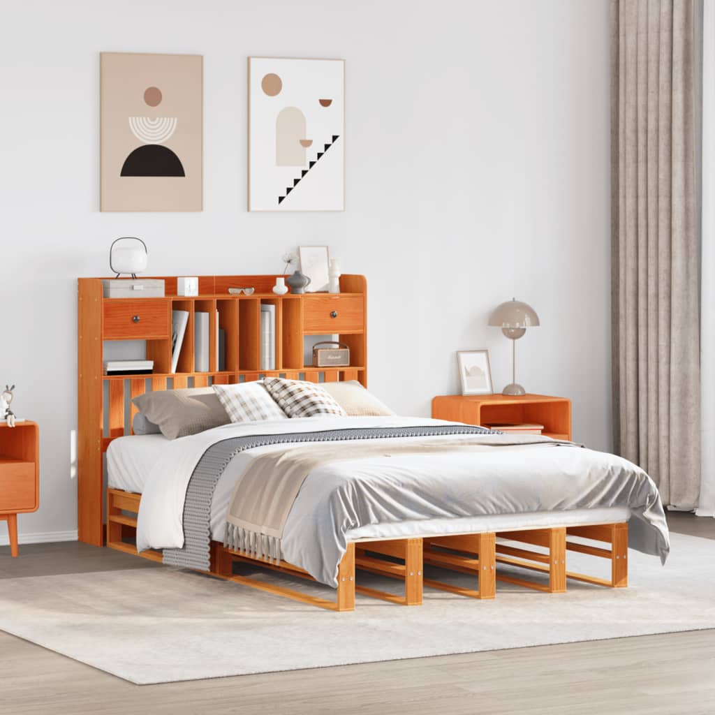 Bed met boekenkast zonder matras grenenhout wasbruin 135x190 cm – afbeelding 1