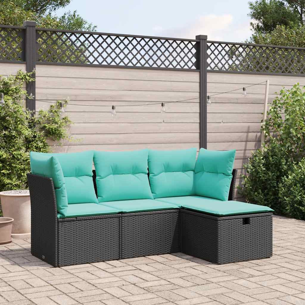4-delige Loungeset met kussens poly rattan zwart – afbeelding 1