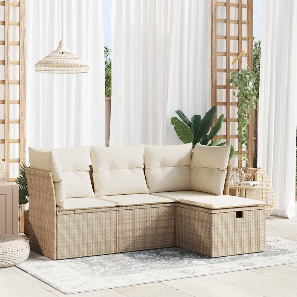 4-delige Loungeset met kussens poly rattan beige – afbeelding 1