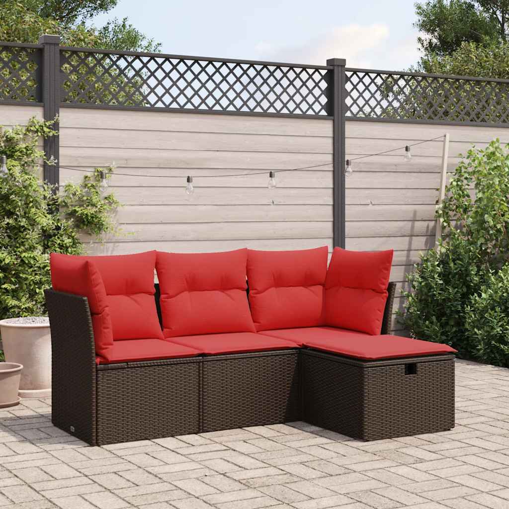 4-delige Loungeset met kussens poly rattan bruin – afbeelding 1