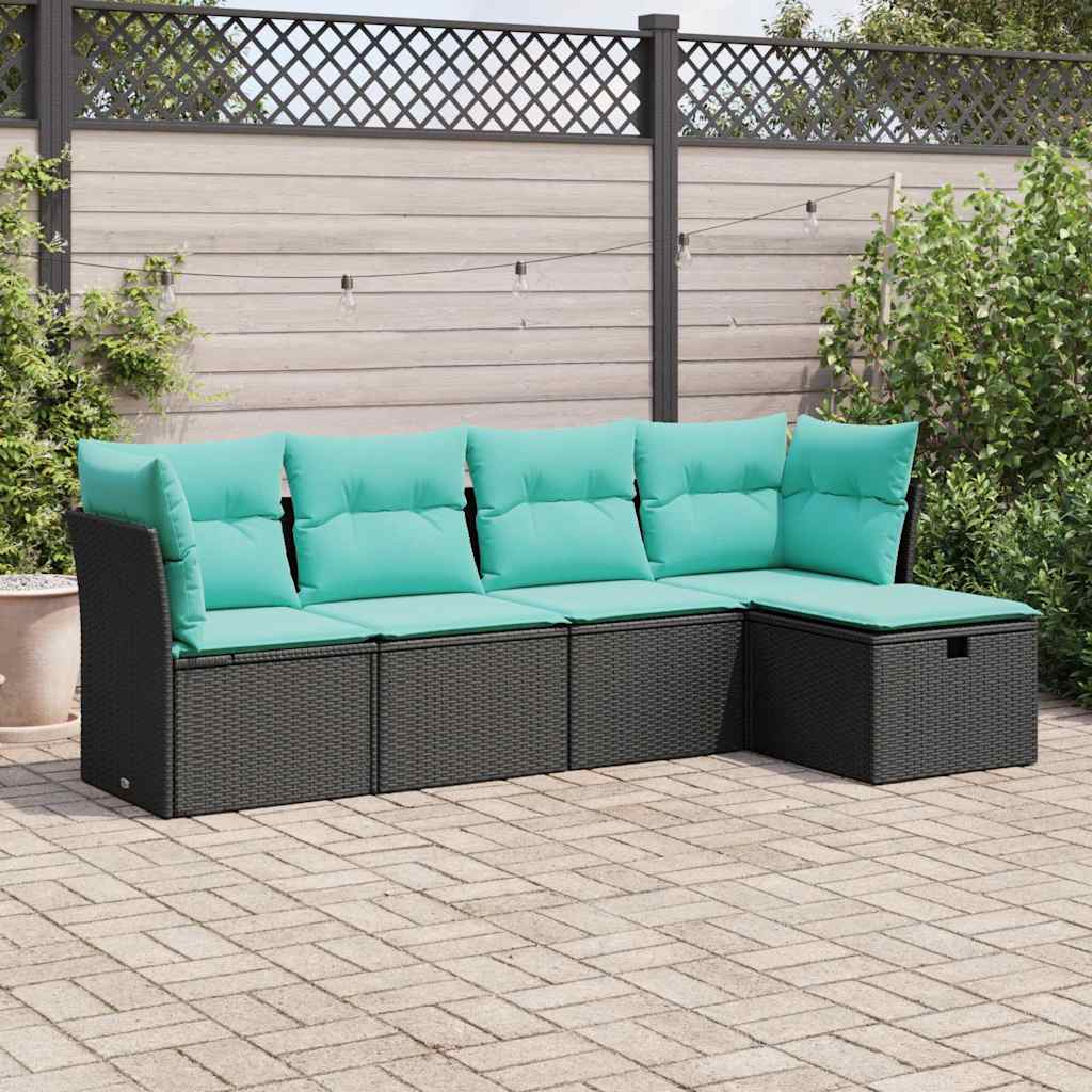 5-delige Loungeset met kussens poly rattan zwart – afbeelding 1