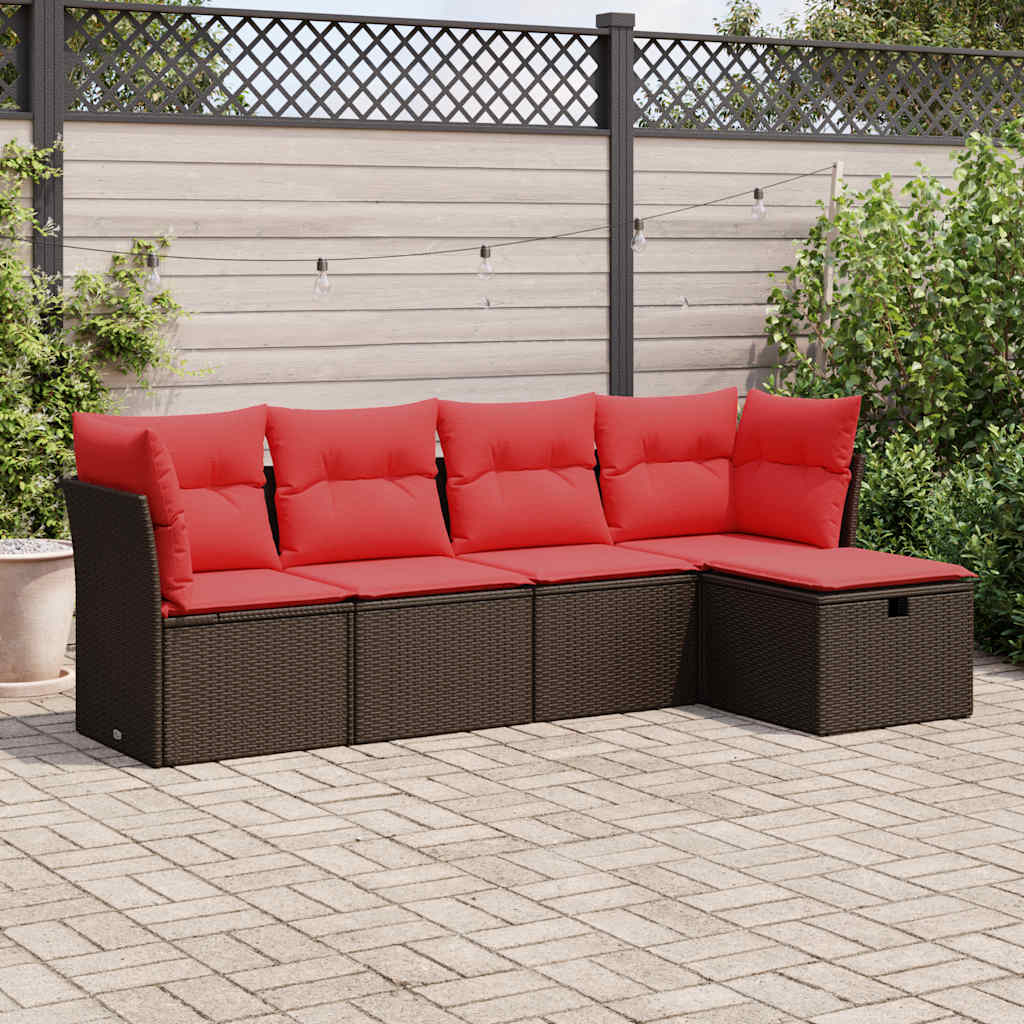 5-delige Loungeset met kussens poly rattan bruin