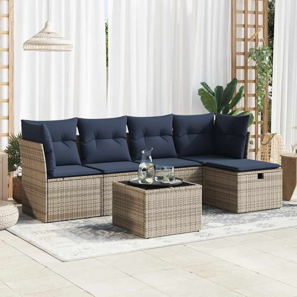 6-delige Loungeset met kussens poly rattan grijs – afbeelding 1