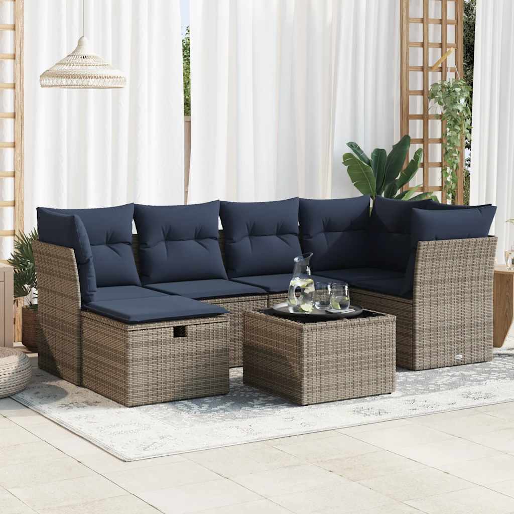 7-delige Loungeset met kussens poly rattan grijs – afbeelding 1