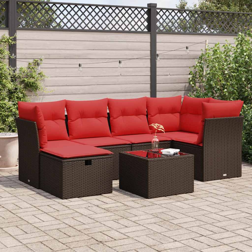 7-delige Loungeset met kussens poly rattan bruin – afbeelding 1