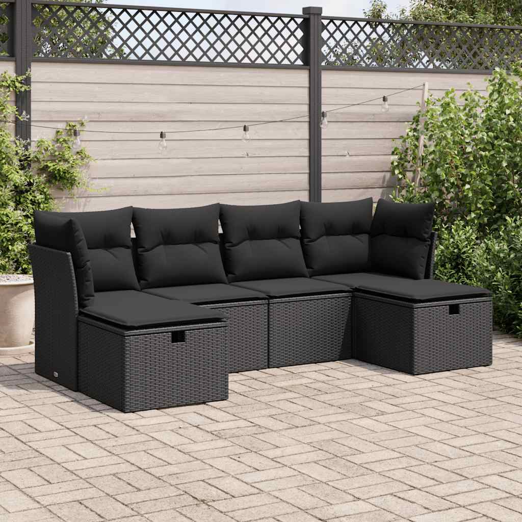 6-delige Loungeset met kussens poly rattan zwart