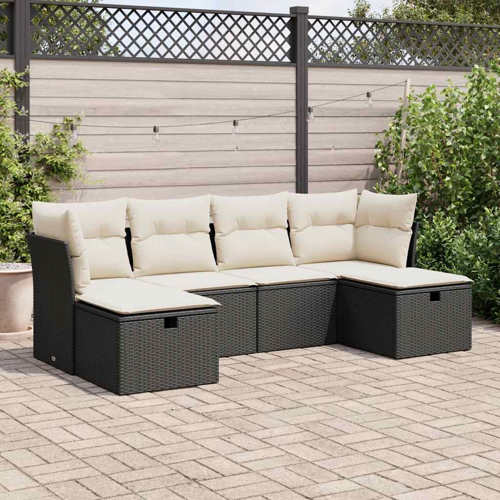 6-delige Loungeset met kussens poly rattan zwart – afbeelding 1
