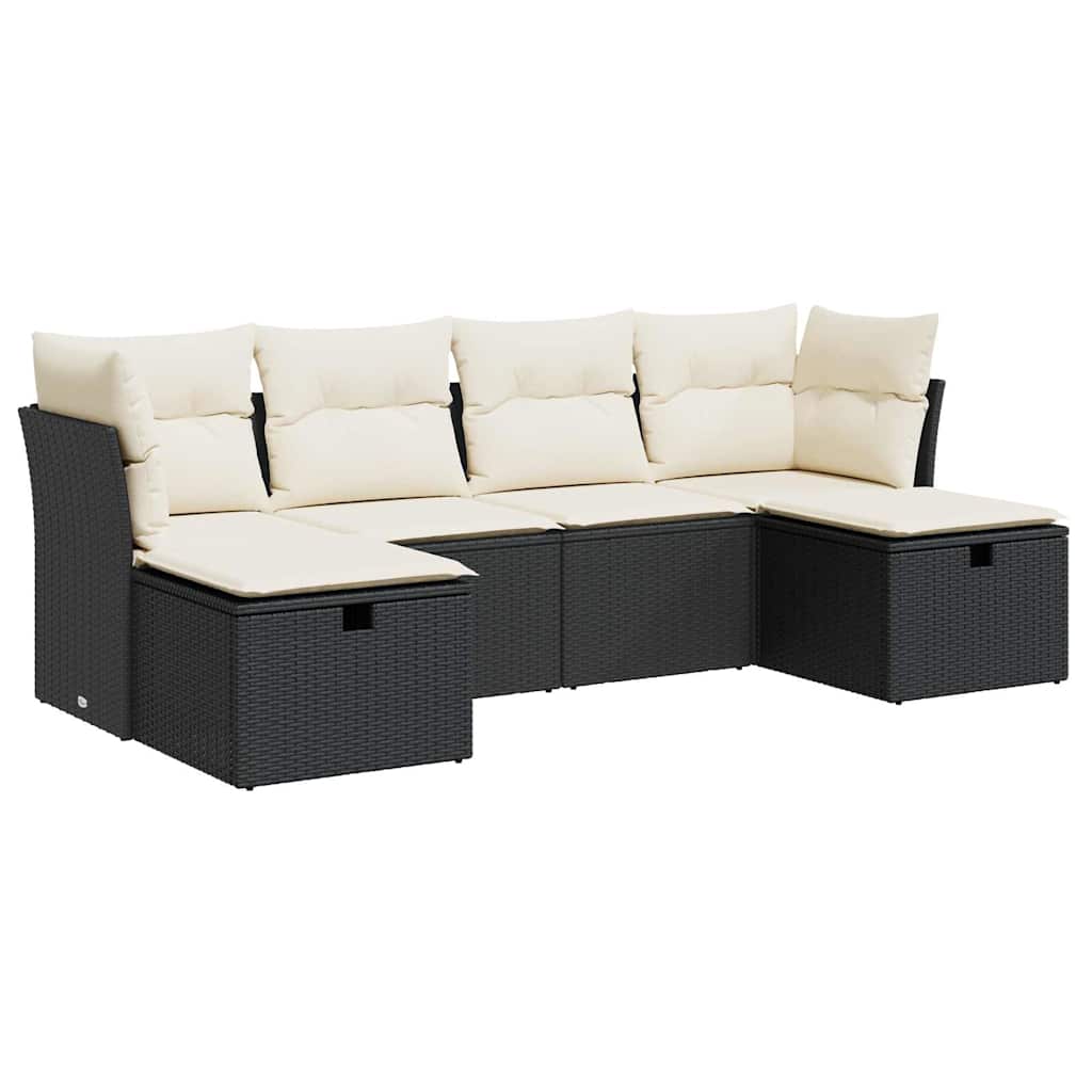6-delige Loungeset met kussens poly rattan zwart – afbeelding 2