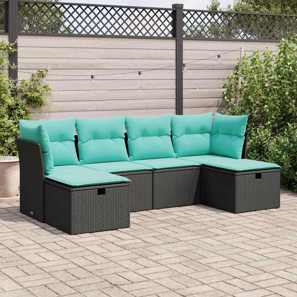 6-delige Loungeset met kussens poly rattan zwart – afbeelding 1