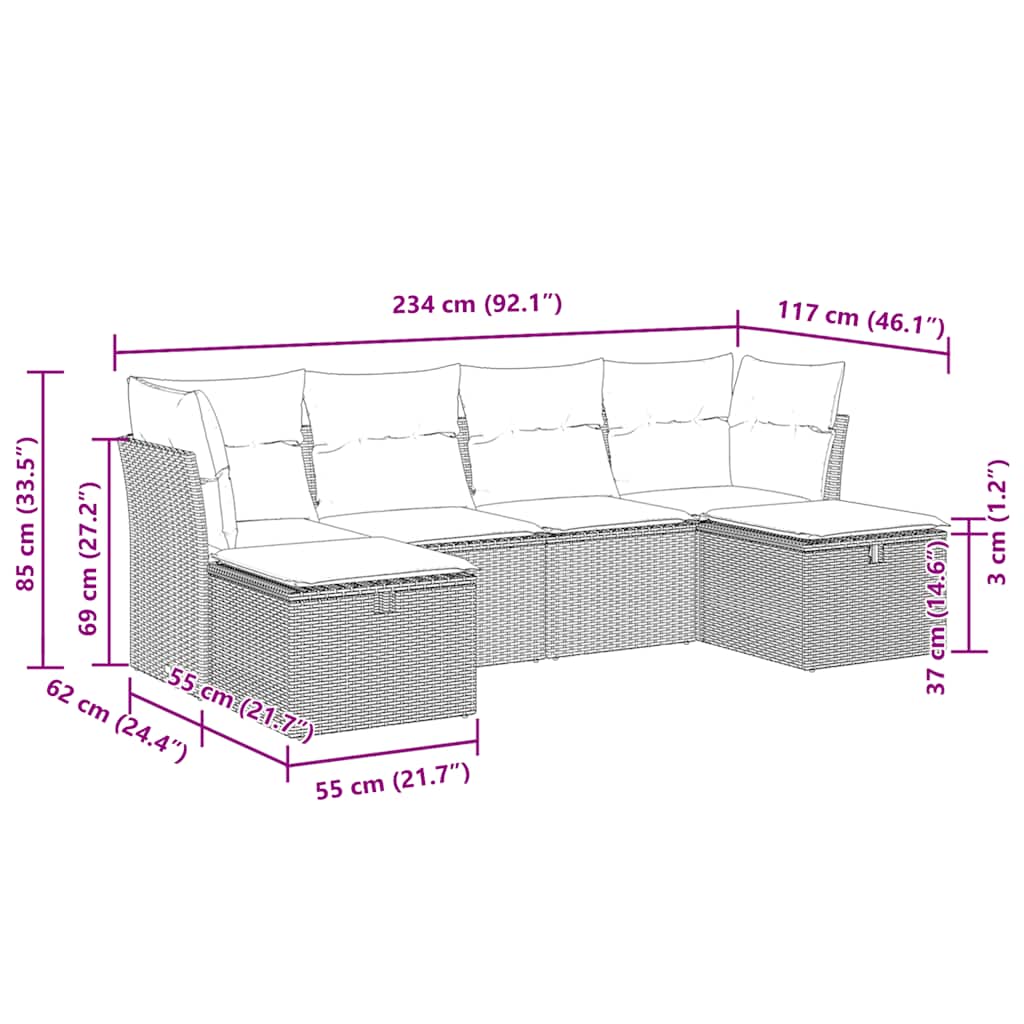6-delige Loungeset met kussens poly rattan zwart – afbeelding 11