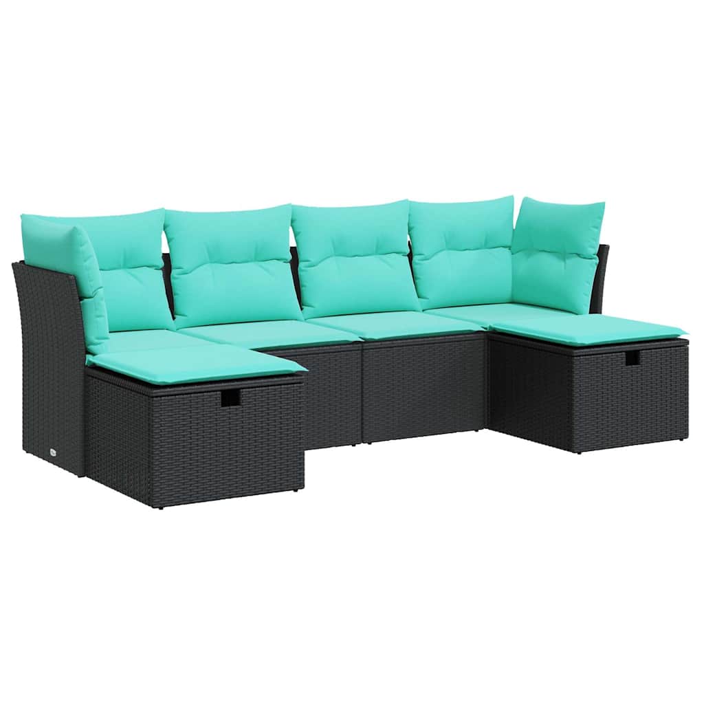 6-delige Loungeset met kussens poly rattan zwart – afbeelding 2