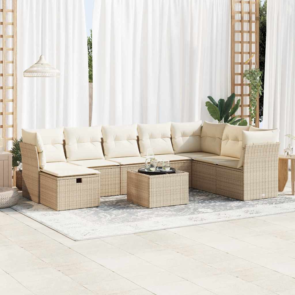 9-delige Loungeset met kussens poly rattan beige – afbeelding 1