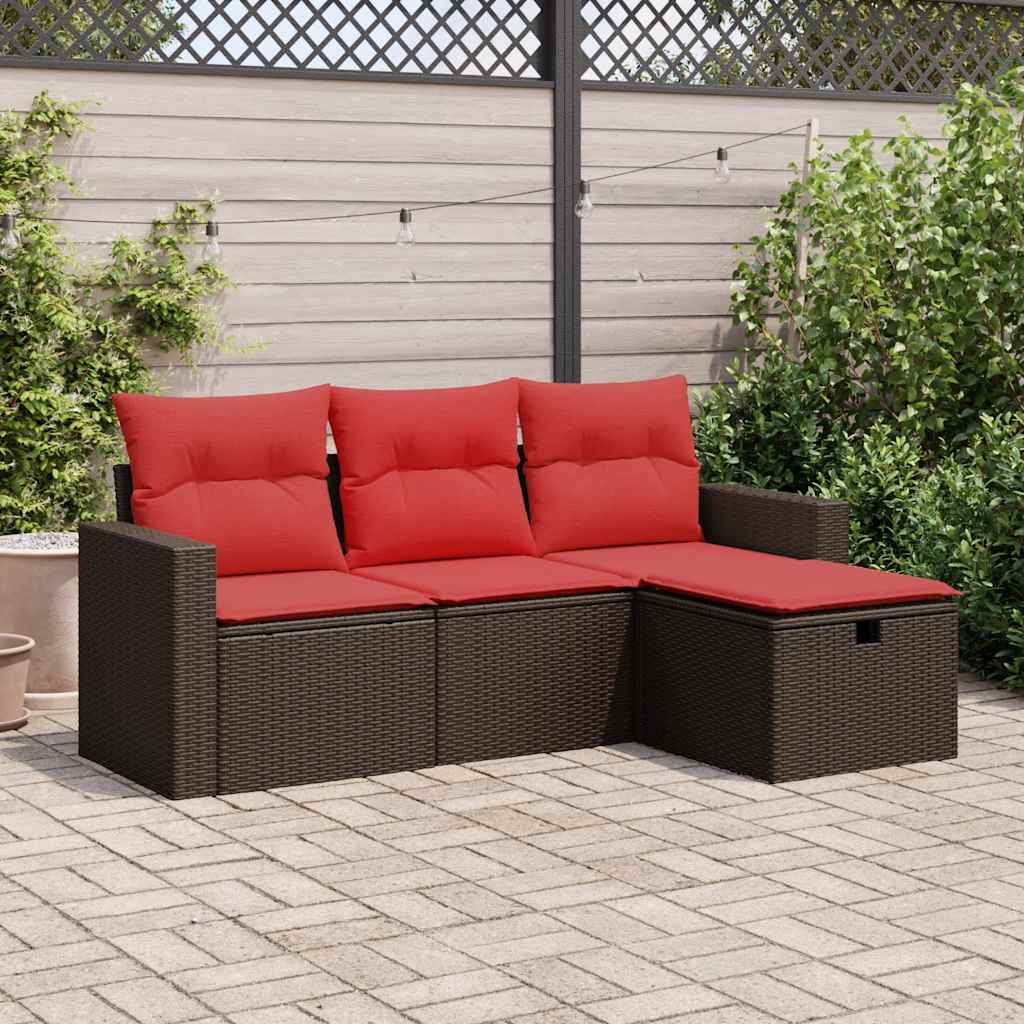 4-delige Loungeset met kussens poly rattan bruin – afbeelding 1
