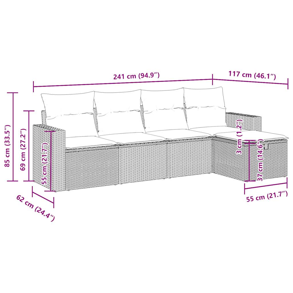 5-delige Loungeset met kussens poly rattan zwart – afbeelding 12