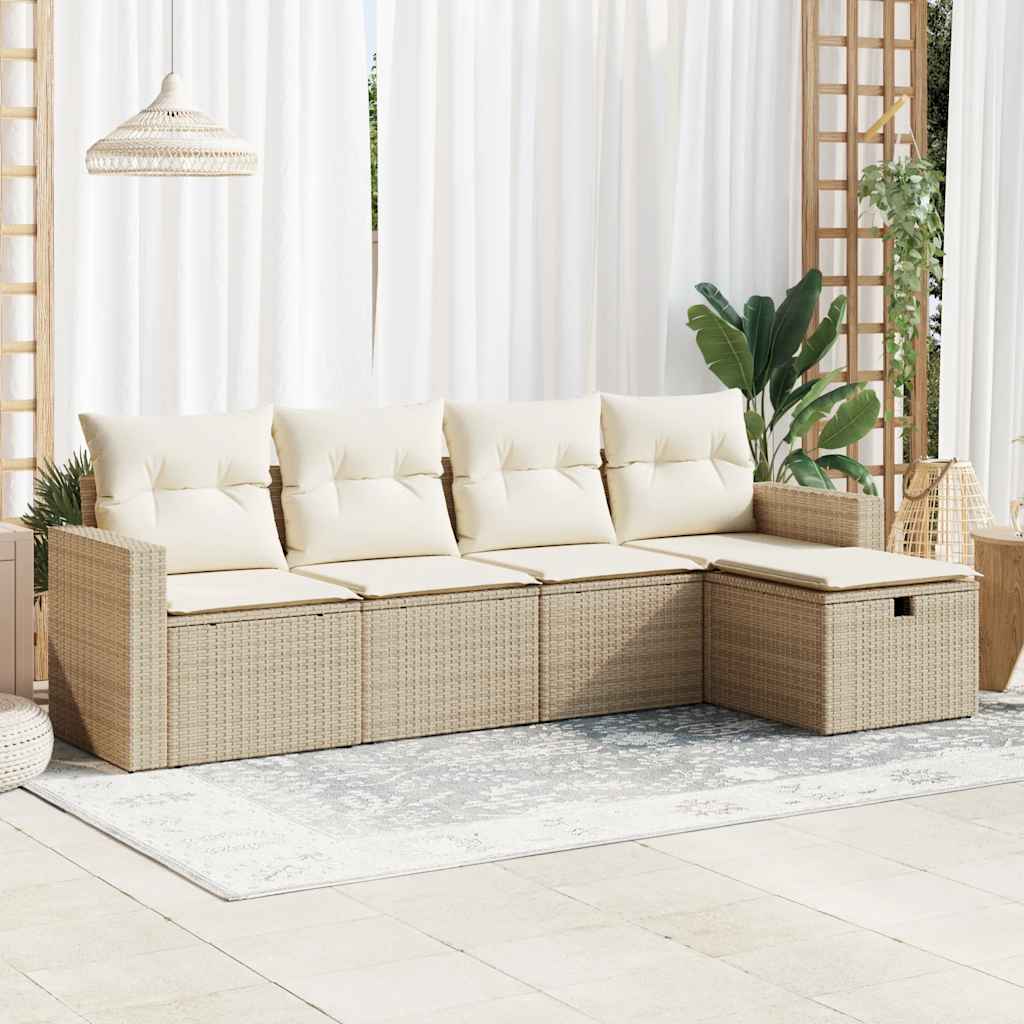 5-delige Loungeset met kussens poly rattan beige – afbeelding 1