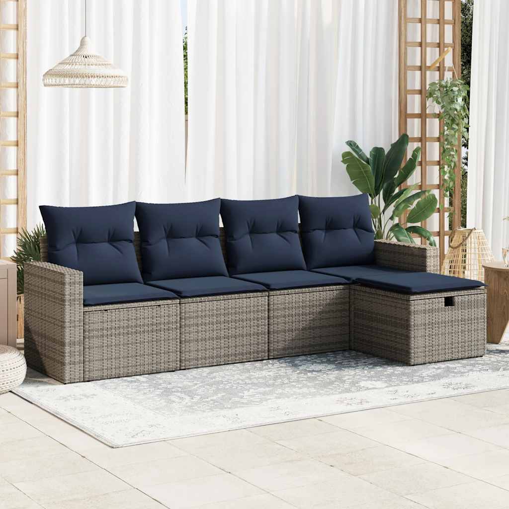 5-delige Loungeset met kussens poly rattan grijs – afbeelding 1