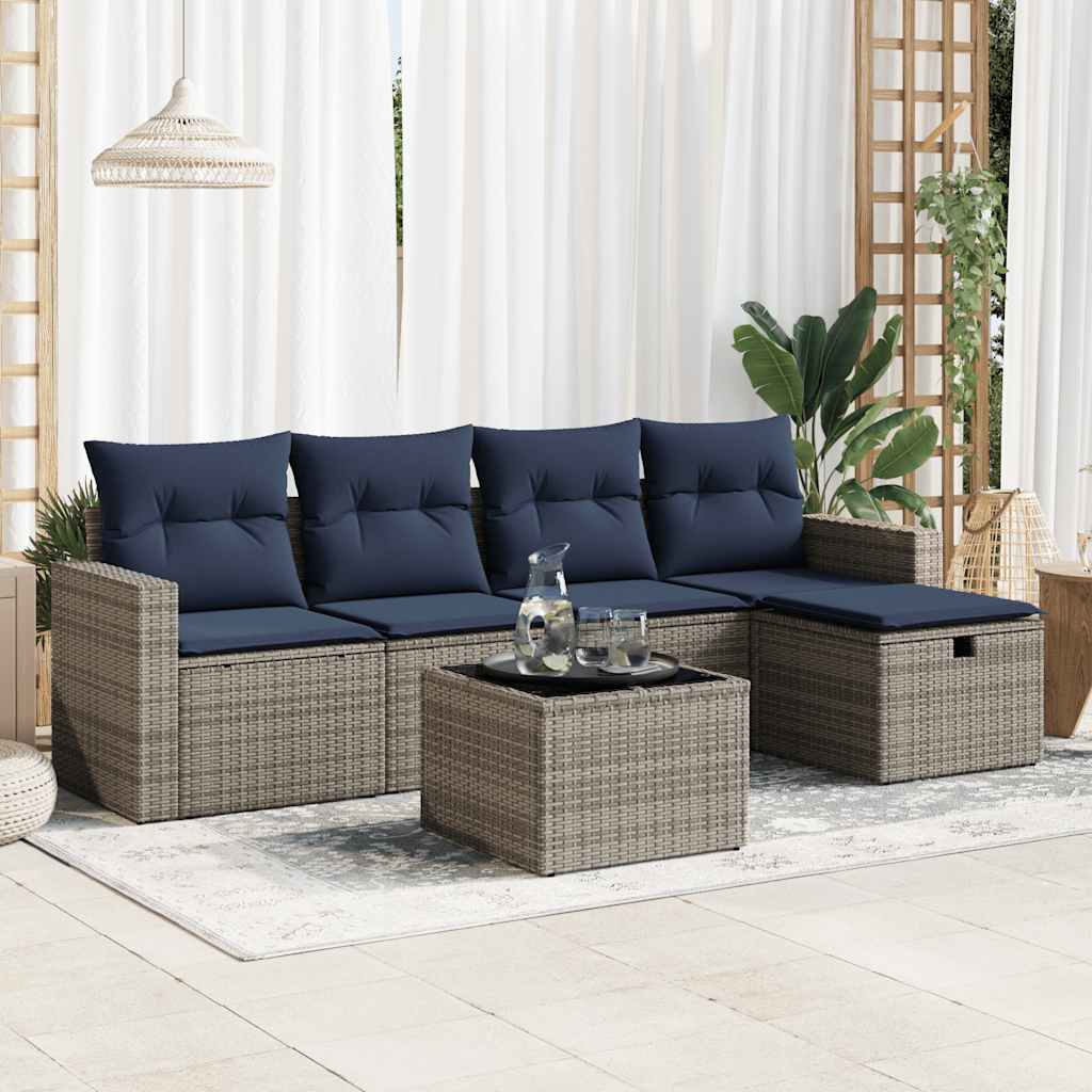 6-delige Loungeset met kussens poly rattan grijs – afbeelding 1